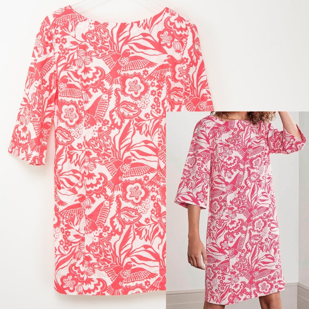 Boden Laurie Dress 100% Linen Floral Midi Quarter Sleeve Pink White 2 Petite